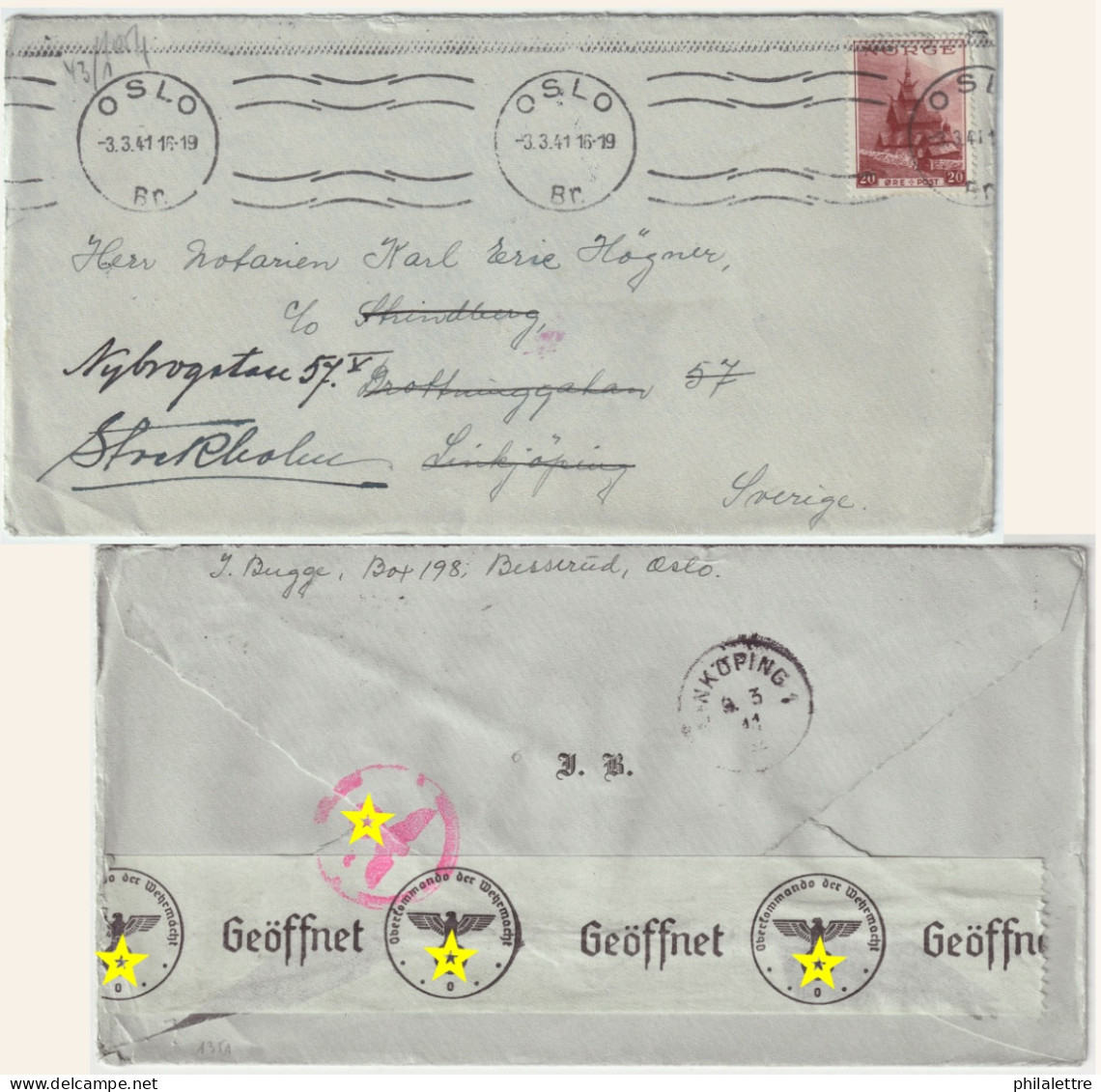 NORWAY To SWEDEN - 1941 - German Censored (Oslo Office) Cover From Oslo To Linkjöping (re-directed) - Franked Facit 245b - Lettres & Documents