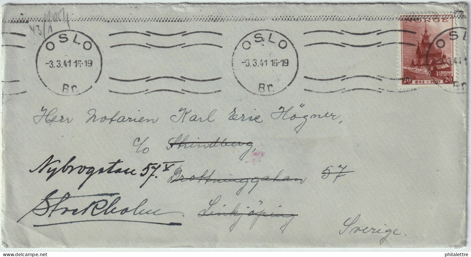NORWAY To SWEDEN - 1941 - German Censored (Oslo Office) Cover From Oslo To Linkjöping (re-directed) - Franked Facit 245b - Lettres & Documents