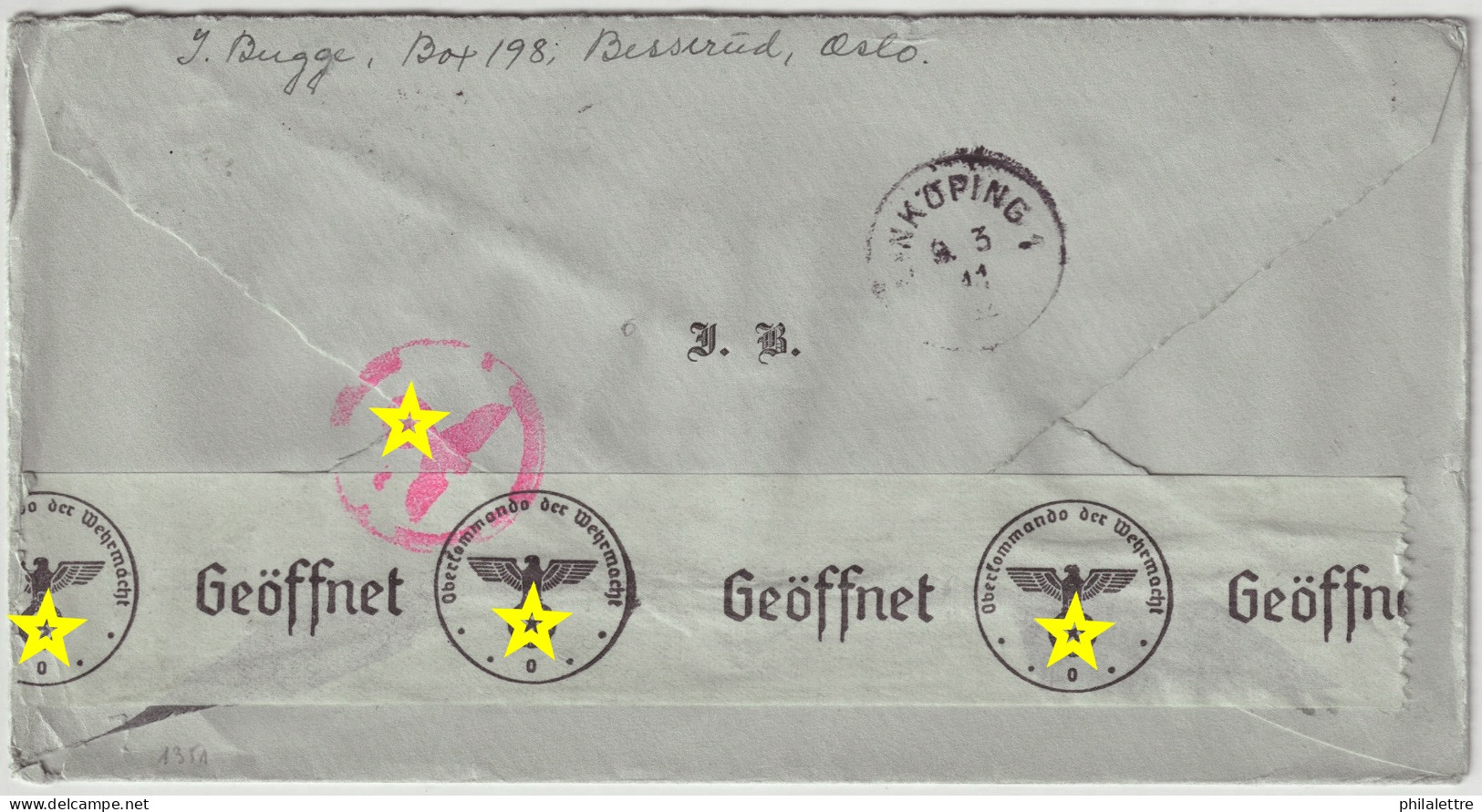 NORWAY To SWEDEN - 1941 - German Censored (Oslo Office) Cover From Oslo To Linkjöping (re-directed) - Franked Facit 245b - Briefe U. Dokumente