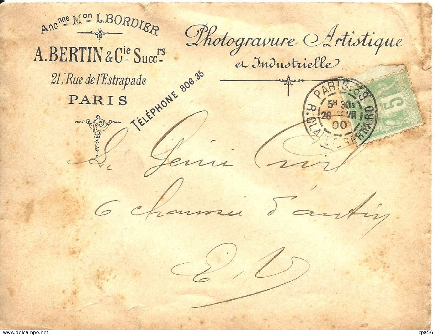 TYPE SAGE Sur Enveloppe 1900 En-Tête BERTIN PHOTOGRAVURE - 1898-1900 Sage (Type III)