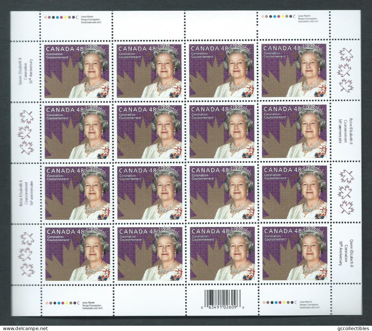 Canada # 1987 Full Pane Of 16 MNH - 50th Anniversary Of The Coronation Of QE11 - Feuilles Complètes Et Multiples