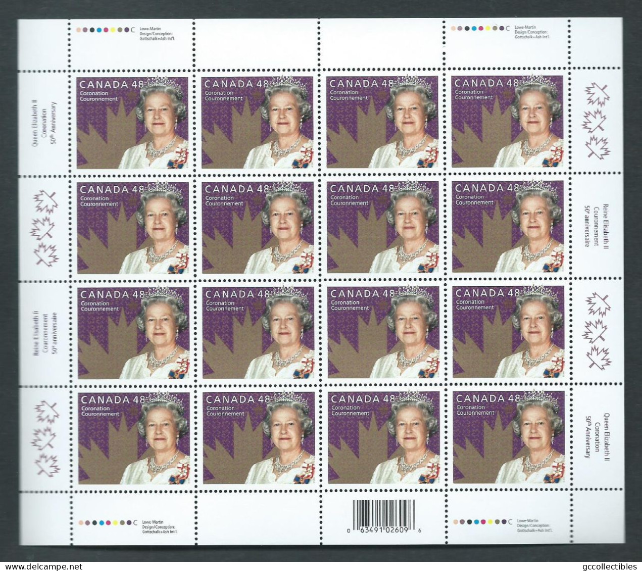 Canada # 1987 Full Pane Of 16 MNH - 50th Anniversary Of The Coronation Of QE11 - Volledige & Onvolledige Vellen