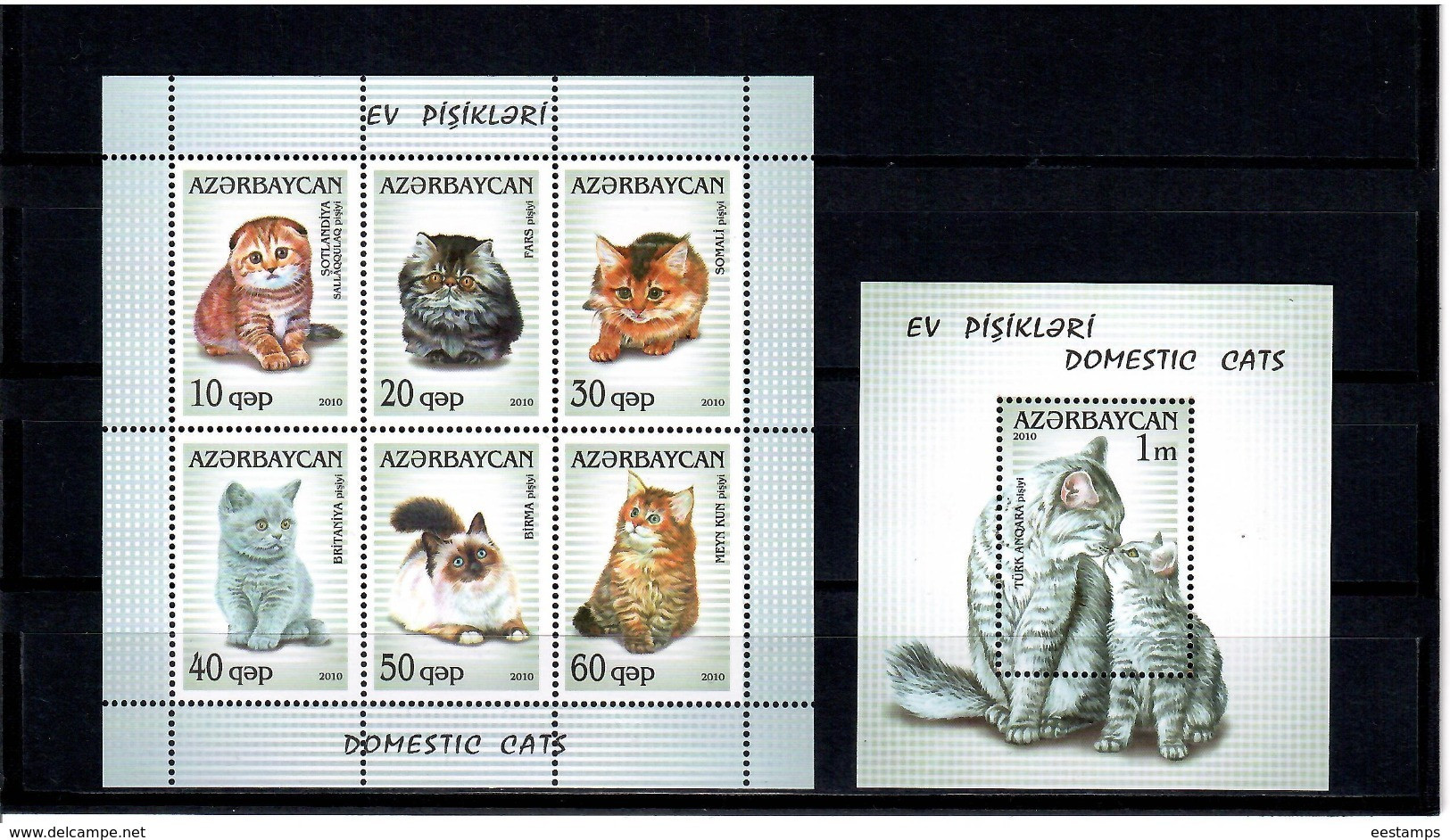 Azerbaijan 2010 . Domestic Cats. 2 S/S: 10,20,30,40,50,60; 1m. Michel # 825-30 + BL 95 - Azerbaïjan