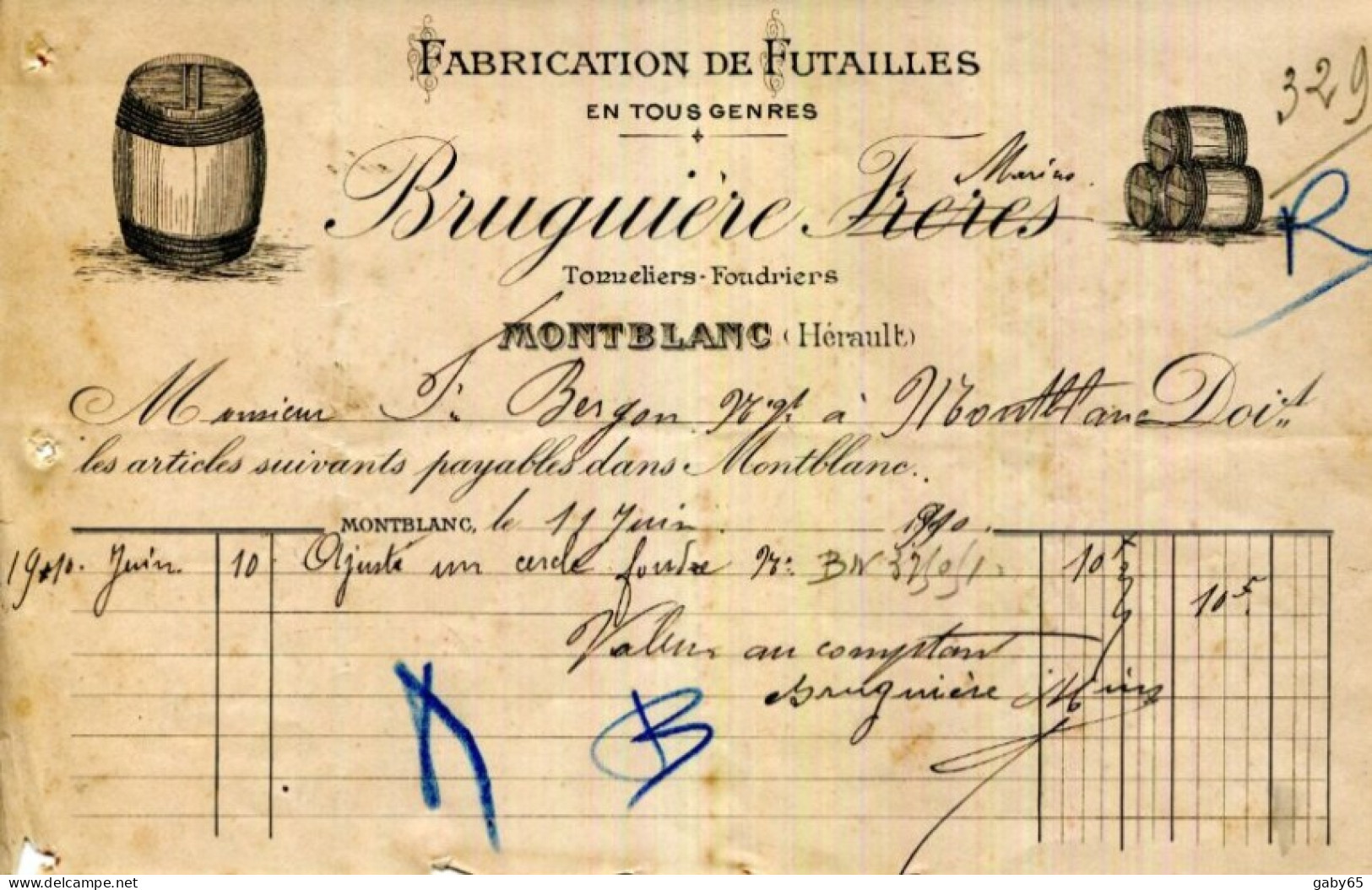 FACTURE.34.MONTBLANC.FABRICATION DE FUTAILLES EN TOUS GENRES.BRUGUIERE MARIUS TONNELIER-FOUDRIER. - Old Professions