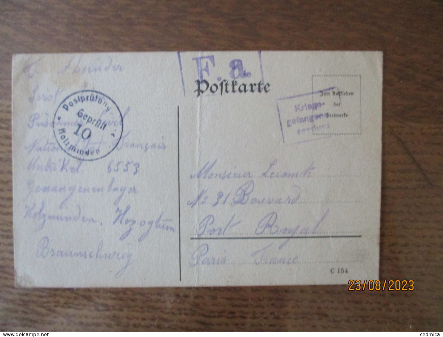 POSTPRÜFUNG GEPRÜFT 10 HOLZMINDEN DU 15 NOVEMBRE 1917 F.a. - Police & Gendarmerie