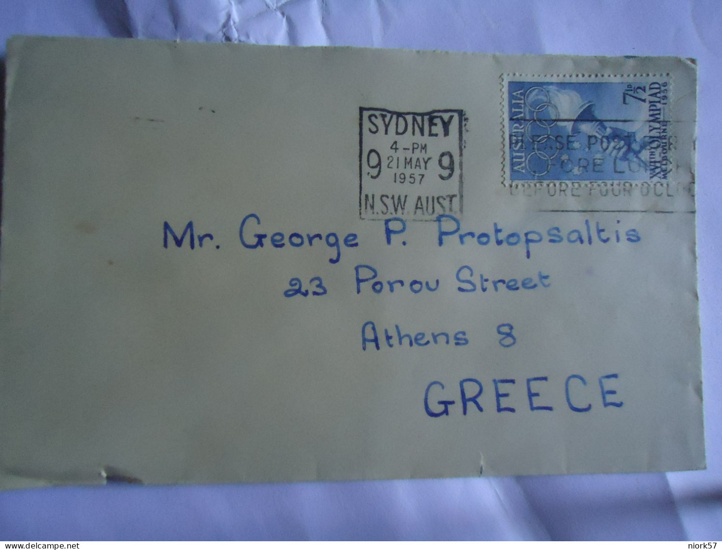 AUSTRALIA COVER  1957 SYDNEY OLYMPIC GAMES STAMPS POSTED ATHENS - Ete 1956: Melbourne