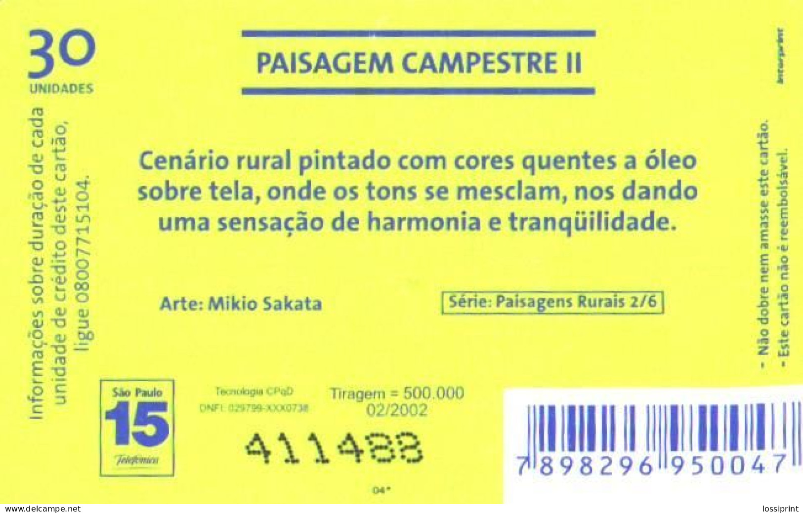 Brazil:Brasil:Used Phonecard, Telefonica, 30 Units, Painting, Cows, 2002 - Schilderijen