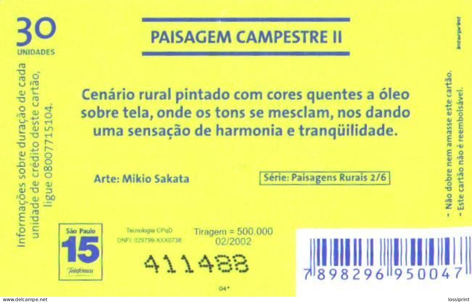 Brazil:Brasil:Used Phonecard, Telefonica, 30 Units, Painting, Cows, 2002 - Pintura