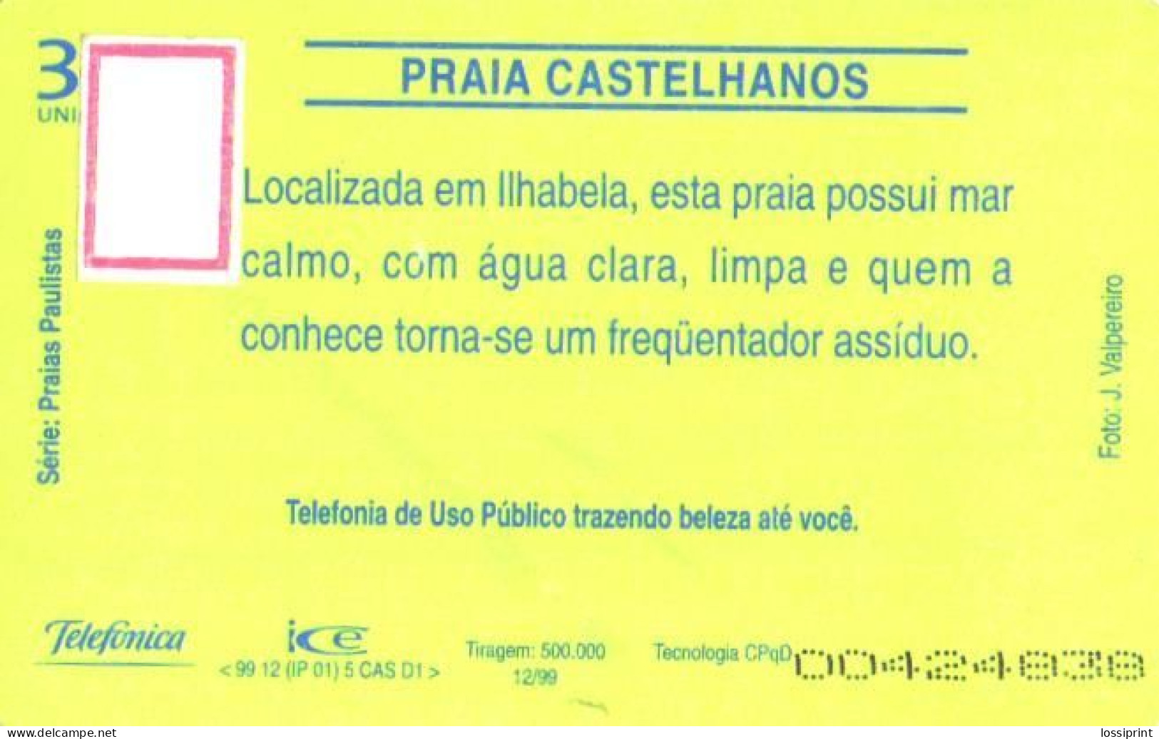 Brasil:Brazil:Used Phonecard, Telefonica, 30 Units, Castelhanos Beach, 1999 - Landschaften