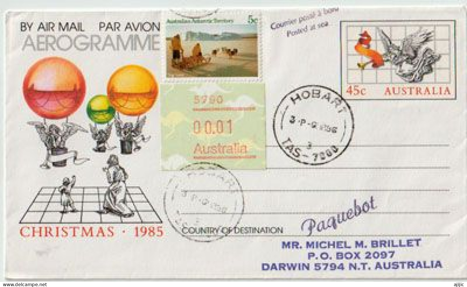 Aerogramme With ATM Frama Stamp Darwin (Posted At Sea) From Hobart, Sent To Darwin 1986. Rare-Scarce - Aerogramme