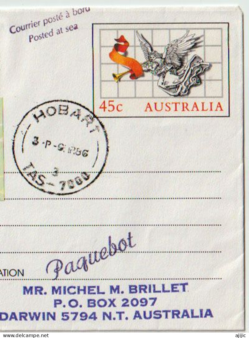 Aerogramme With ATM Frama Stamp Darwin (Posted At Sea) From Hobart, Sent To Darwin 1986. Rare-Scarce - Aerogramas