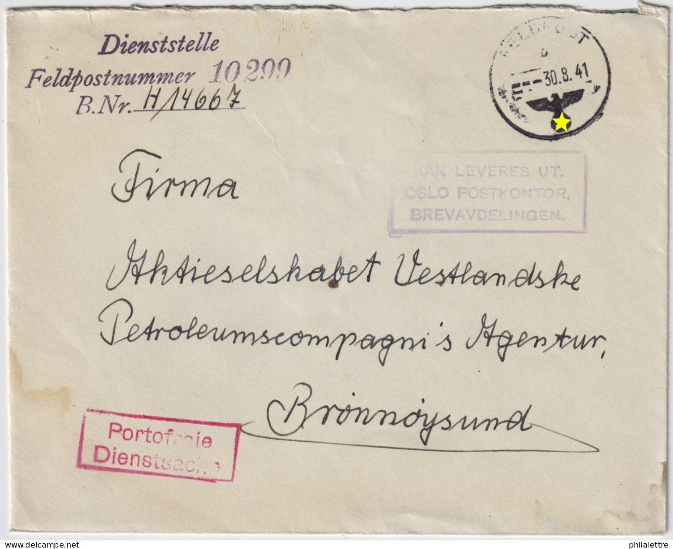 NORWAY - 1941 - Uncensored Official German Cover From OSLO To BRØNNØYSUND - Feldpost Nr.10299 (Kriegsmarine Office Oslo) - Lettres & Documents