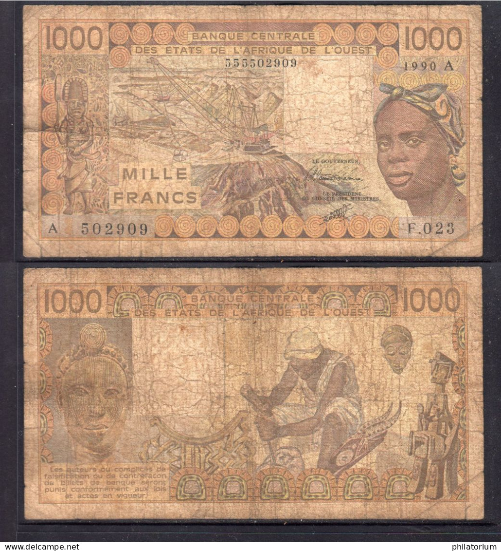 1000 Francs CFA, 1990 A, Côte D'Ivoire, F.023, A 502909, Oberthur, P#_07, Banque Centrale États De L'Afrique De L'Ouest - États D'Afrique De L'Ouest