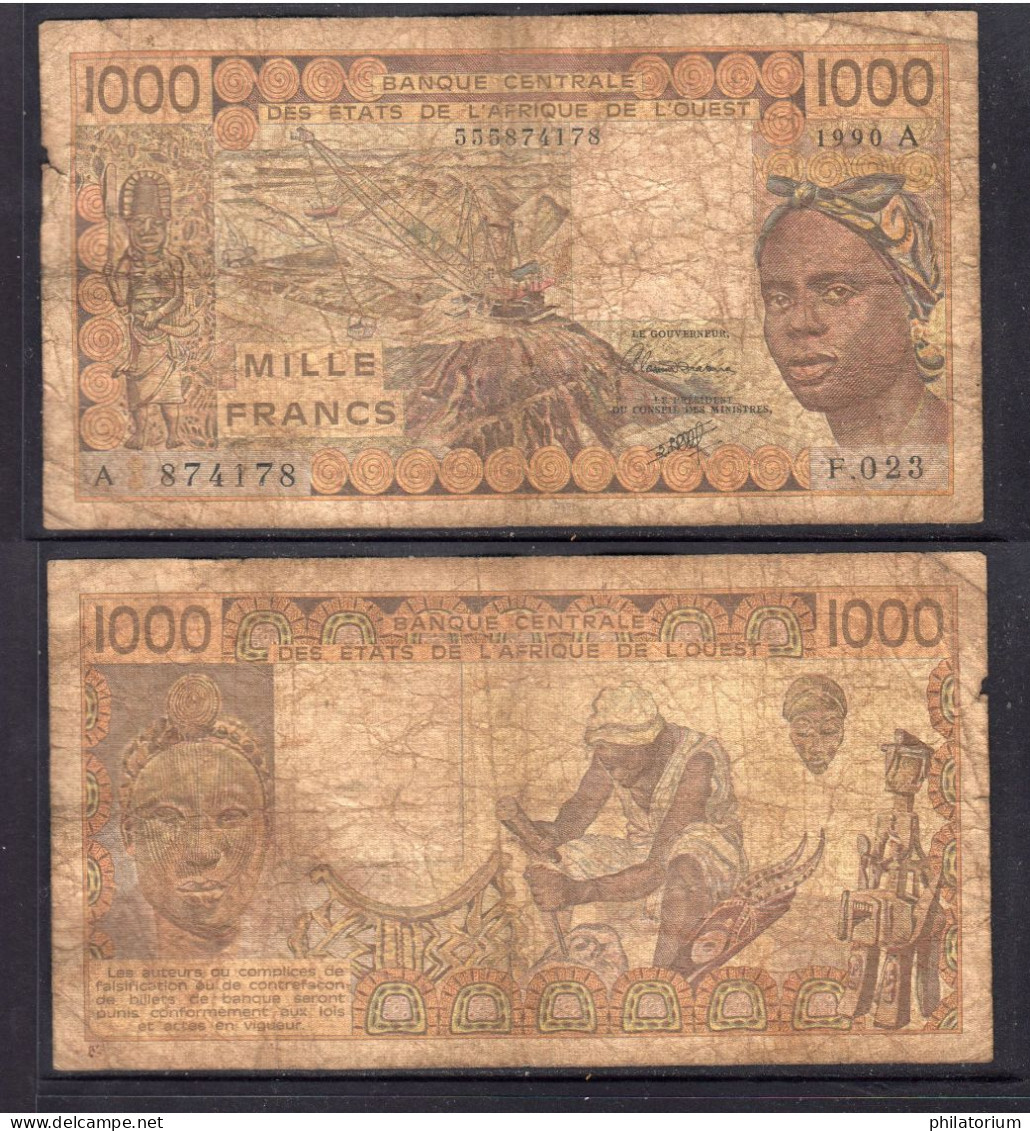 1000 Francs CFA, 1990 A, Côte D'Ivoire, F.023, A 874178, Oberthur, P#_07, Banque Centrale États De L'Afrique De L'Ouest - États D'Afrique De L'Ouest