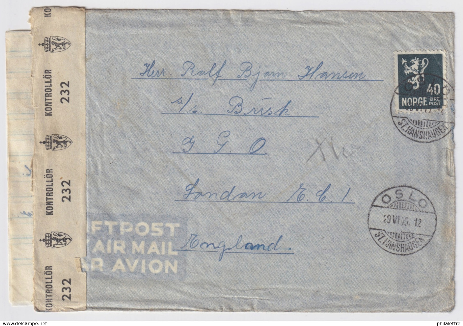 NORWAY - 1945 - Norwegian Censored Air Letter (with Contents) From " OSLO / ST.HANSHAUGEN " To England Via G.P.O. London - Storia Postale
