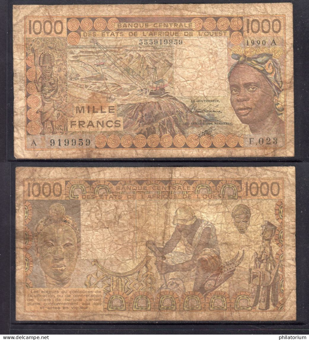 1000 Francs CFA, 1990 A, Côte D'Ivoire, F.023, A 919959, Oberthur, P#_07, Banque Centrale États De L'Afrique De L'Ouest - États D'Afrique De L'Ouest