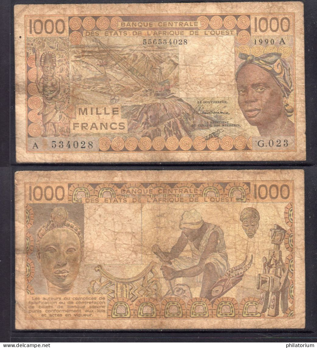 1000 Francs CFA, 1990 A, Côte D'Ivoire, G.023, A 534028, Oberthur, P#_07, Banque Centrale États De L'Afrique De L'Ouest - États D'Afrique De L'Ouest