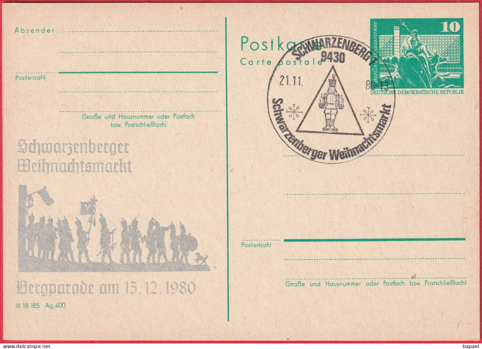 CP - Entier Postal - Schwarzenberg (Allemagne - DDR) (1980) - Le Défilé En Montagne - Marché De Noël - Postales - Usados