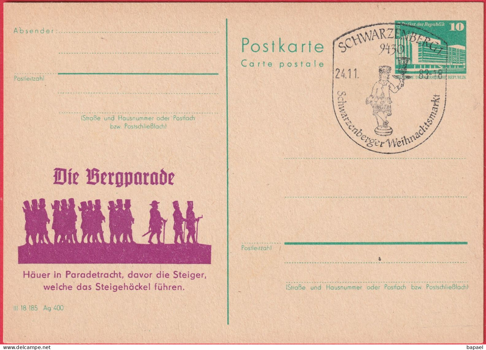 CP - Entier Postal - Schwarzenberg (Allemagne - DDR) (1983) - Le Défilé En Montagne - Hommes En Costume De Parade - Postkaarten - Gebruikt