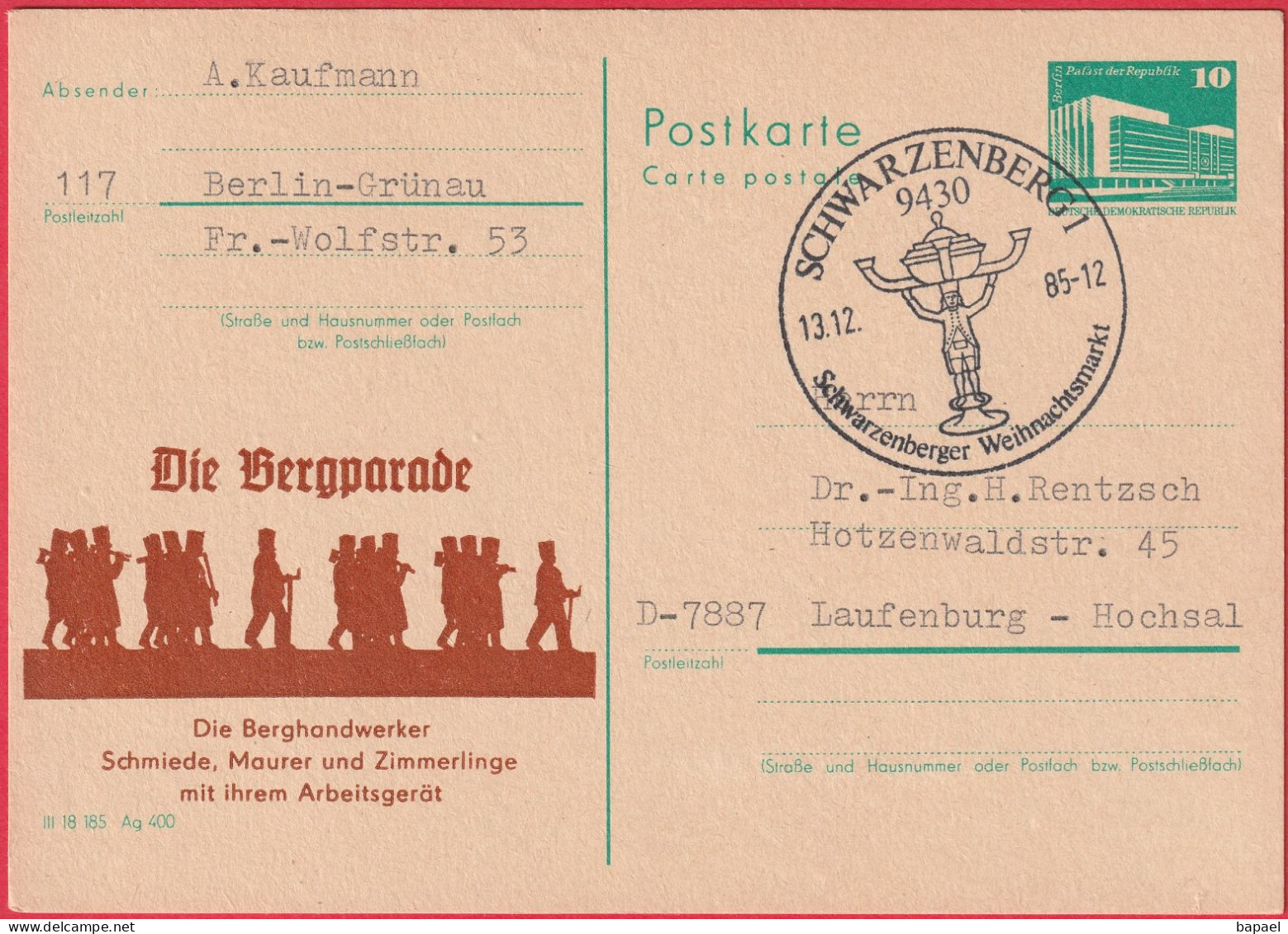 CP - Entier Postal - Schwarzenberg (Allemagne - DDR) (1985) - Le Défilé En Montagne - Forgerons, Maçons Et Charpentiers - Postkarten - Gebraucht