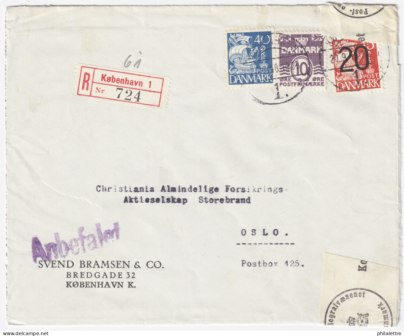 DENMARK - 1940 - Danish Censored Registered Cover From Copenhagen To Oslo, Norway - Franked Facit 112b, 237 & 241 - Lettres & Documents