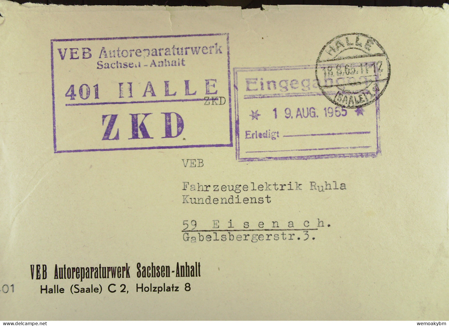 DDR: Fern-Brief Mit ZKD-Kastenstempel "VEB Autoreparaturwek Sachsen-Anhalt 401 HALLE" Vom 18.8.65 Nach Eisenach - Service Central De Courrier