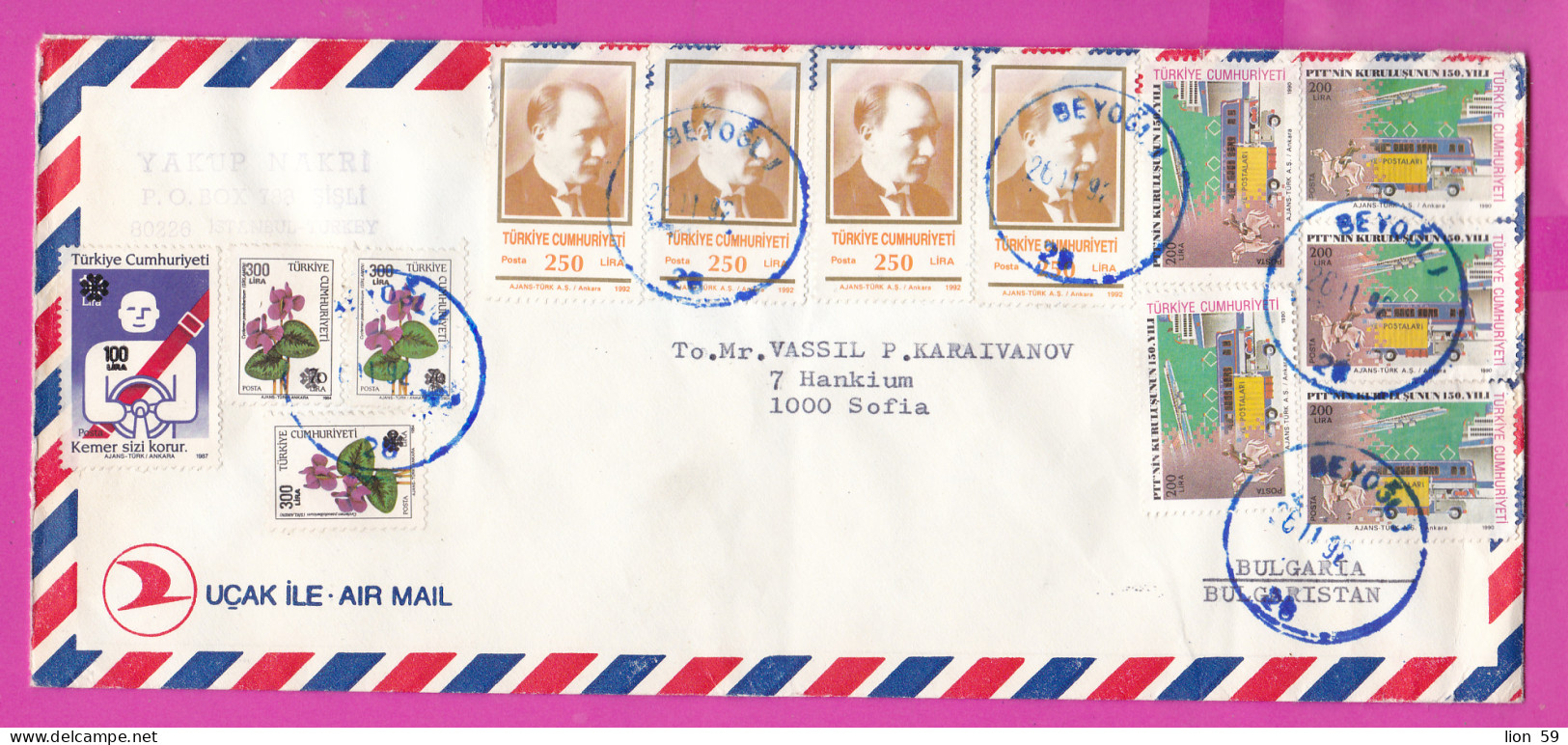 274943 / Turkey Cover Beyoğlu 1992 - 3 000 L. Train Ship Truck Airplane Road Safety Kemal Ataturk Cyclamen Pseudibericum - Storia Postale