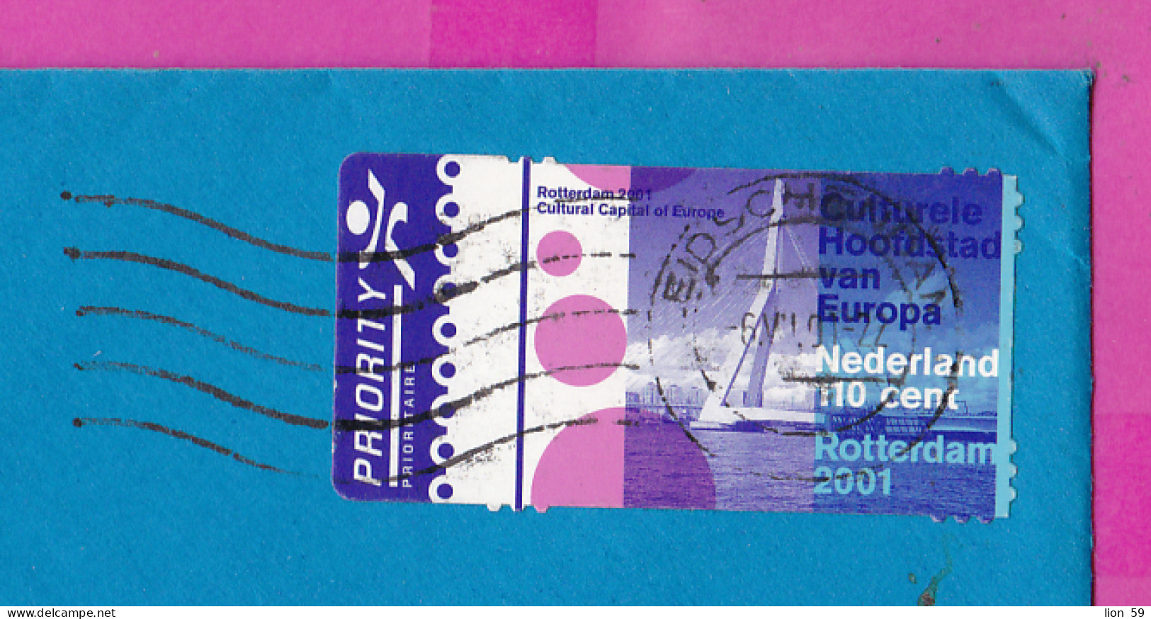 274956 / Netherlands Cover Priority 2001 - 110C Rotterdam - European Capital Of Culture, Self-adhesive - Sofia BG - Cartas & Documentos