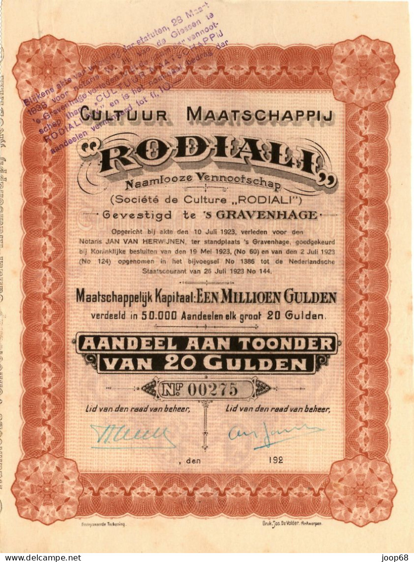 Cultuur Maatschappij RODIALI N.V. - Aandeel 20 Gulden - S Gravenhage 1923 Indonesia - Landbouw