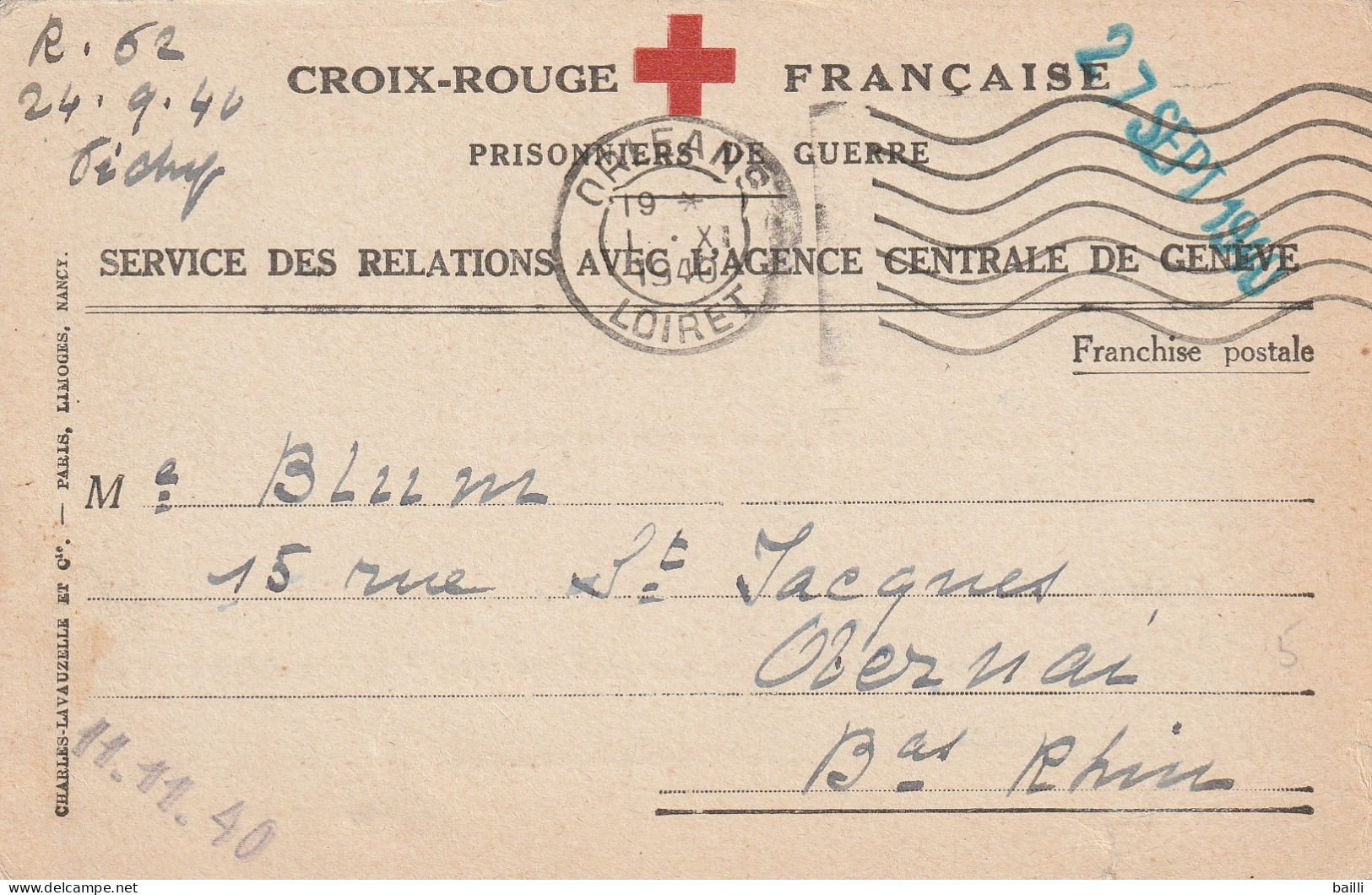 France Carte Croix Rouge En Franchise Orléans 1940 - Rode Kruis