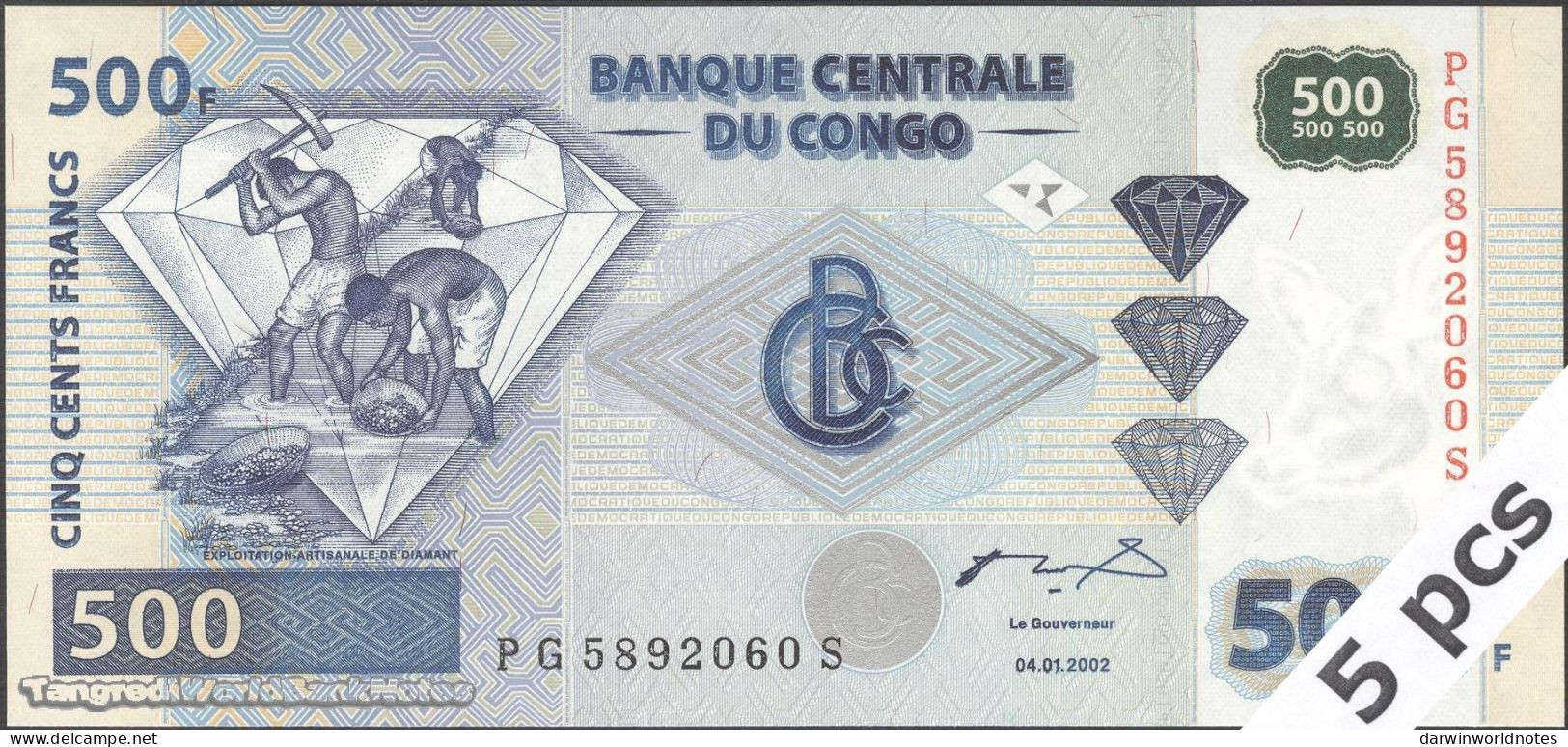 DWN - CONGO DEMOCRATIC REPUBLIC P.96Ba - 500 Francs 2002 UNC - Various Prefixes DEALERS LOT X 5 - Repubblica Democratica Del Congo & Zaire