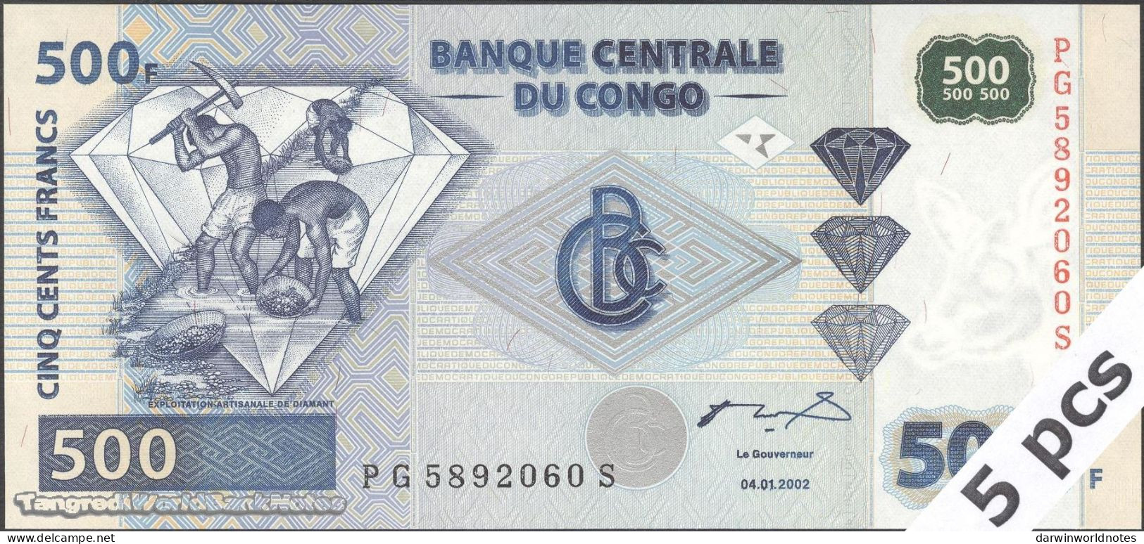 DWN - CONGO DEMOCRATIC REPUBLIC P.96Ba - 500 Francs 2002 UNC - Various Prefixes DEALERS LOT X 5 - Democratic Republic Of The Congo & Zaire