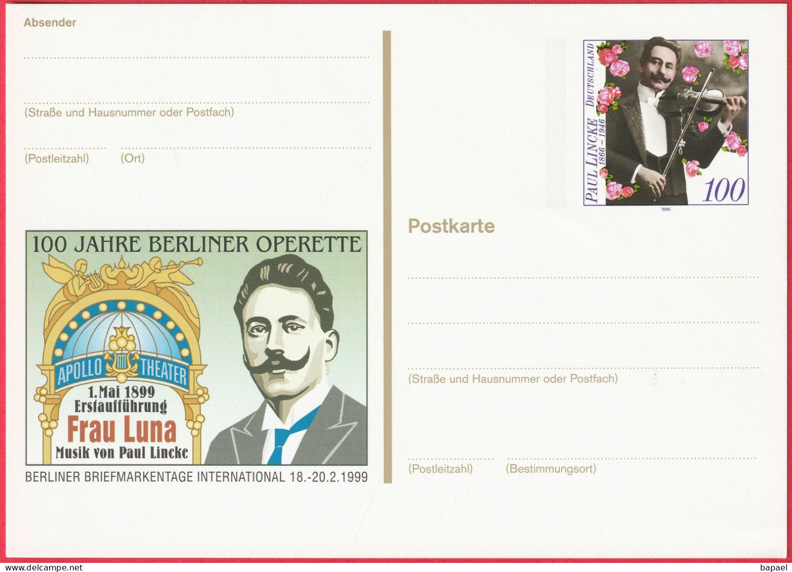 CP - Entier Postal  (Allemagne - RFA) (1999) - 100 ANS D'Opérette De Berlin - Mme Luna Musique De Paul Lincke - Postkarten - Ungebraucht