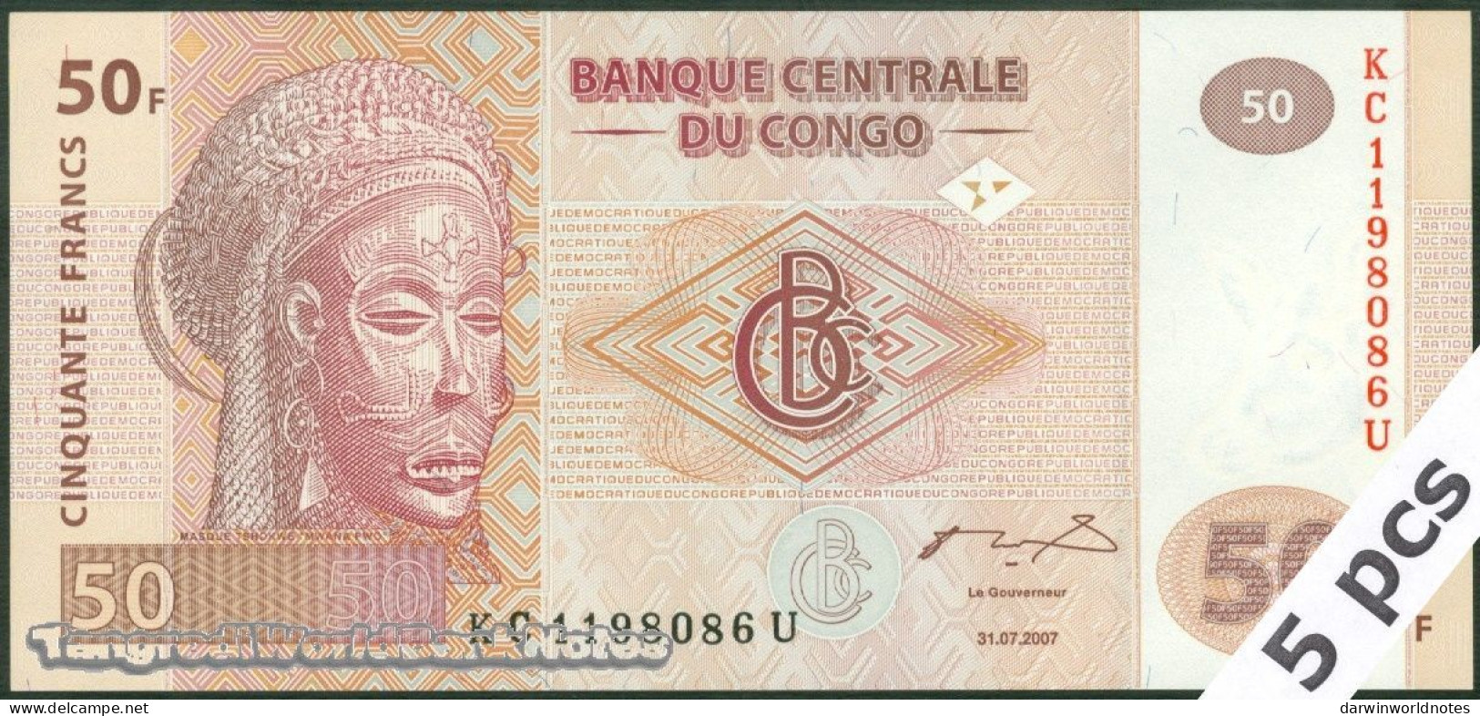 DWN - CONGO DEMOCRATIC REPUBLIC P.97a - 50 Francs 2007 UNC - Various Prefixes DEALERS LOT X 5 - République Démocratique Du Congo & Zaïre