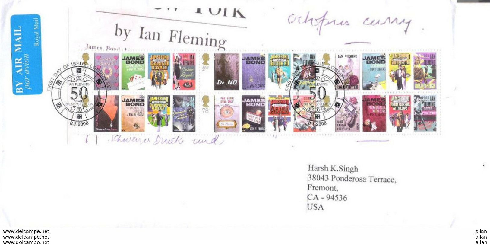 James Bond Novels, Great Britain, 2008, Letter Franked With Minisheet Celebrating 50 Years Of Ian Fleming Books - Lettres & Documents