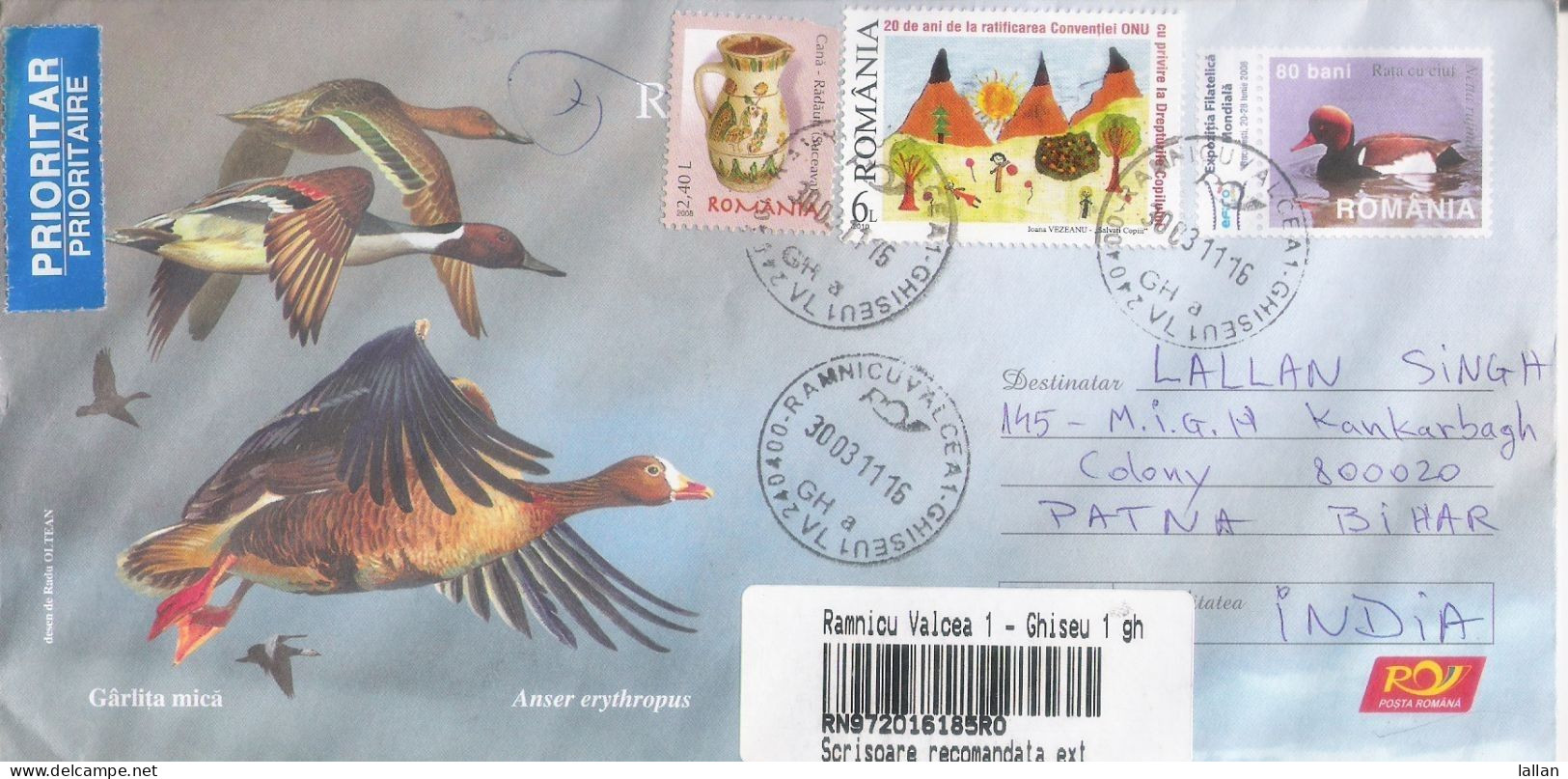 Ducks, Romania, 2003, Registered Aerogramme From Romania To India - Lettres & Documents