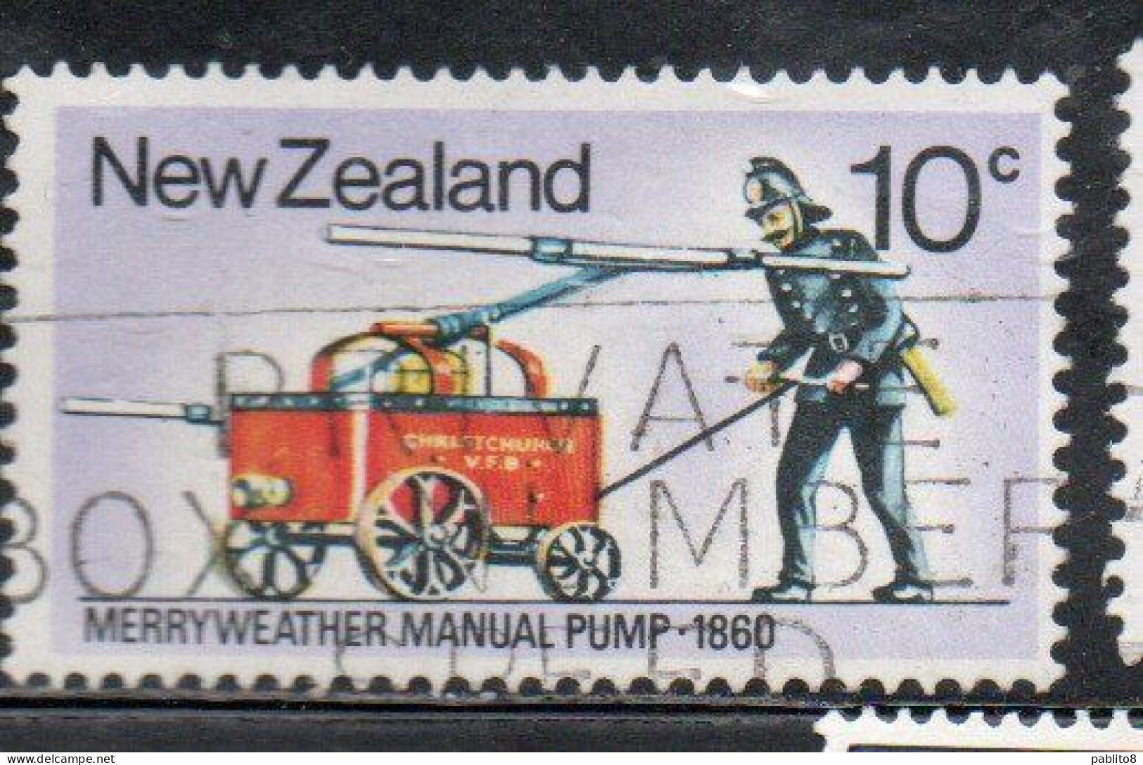 NEW ZEALAND NUOVA ZELANDA 1977 FIRE FIGHTING EQUIPMENT MERRYWEATHER MANUAL PUMP 1860 10c USED USATO OBLITERE' - Usados