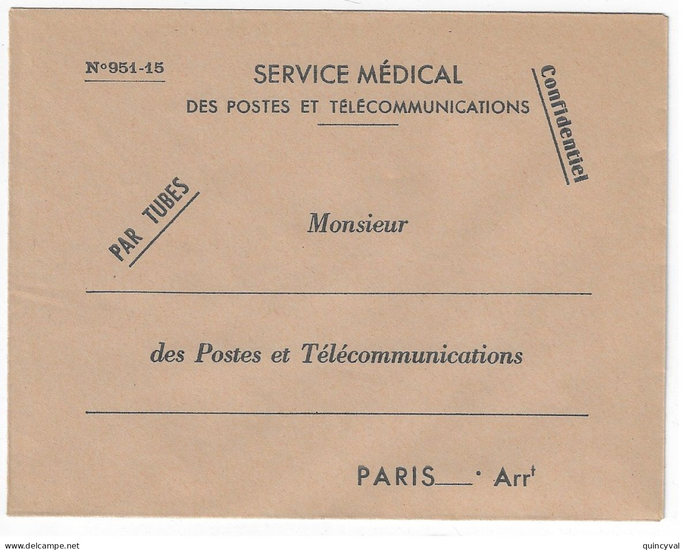 Pneumatique Enveloppe Formule PPT N° 951-15 Service Médical Des PTT  Confidentiel Par Tubes Neuf - Storia Postale