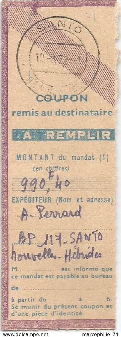 COUPON DE MANDAT SANTO 1972 NEW  HEBRIDES - Briefe U. Dokumente