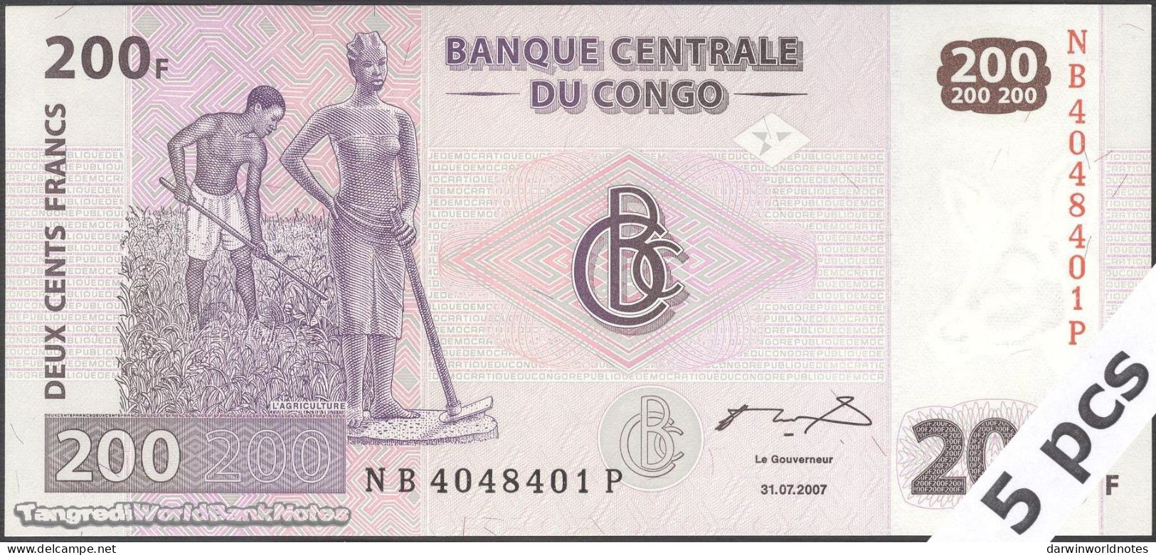 DWN - CONGO DEMOCRATIC REPUBLIC P.99a - 200 Francs 2007 UNC - Various Prefixes DEALERS LOT X 5 - République Démocratique Du Congo & Zaïre