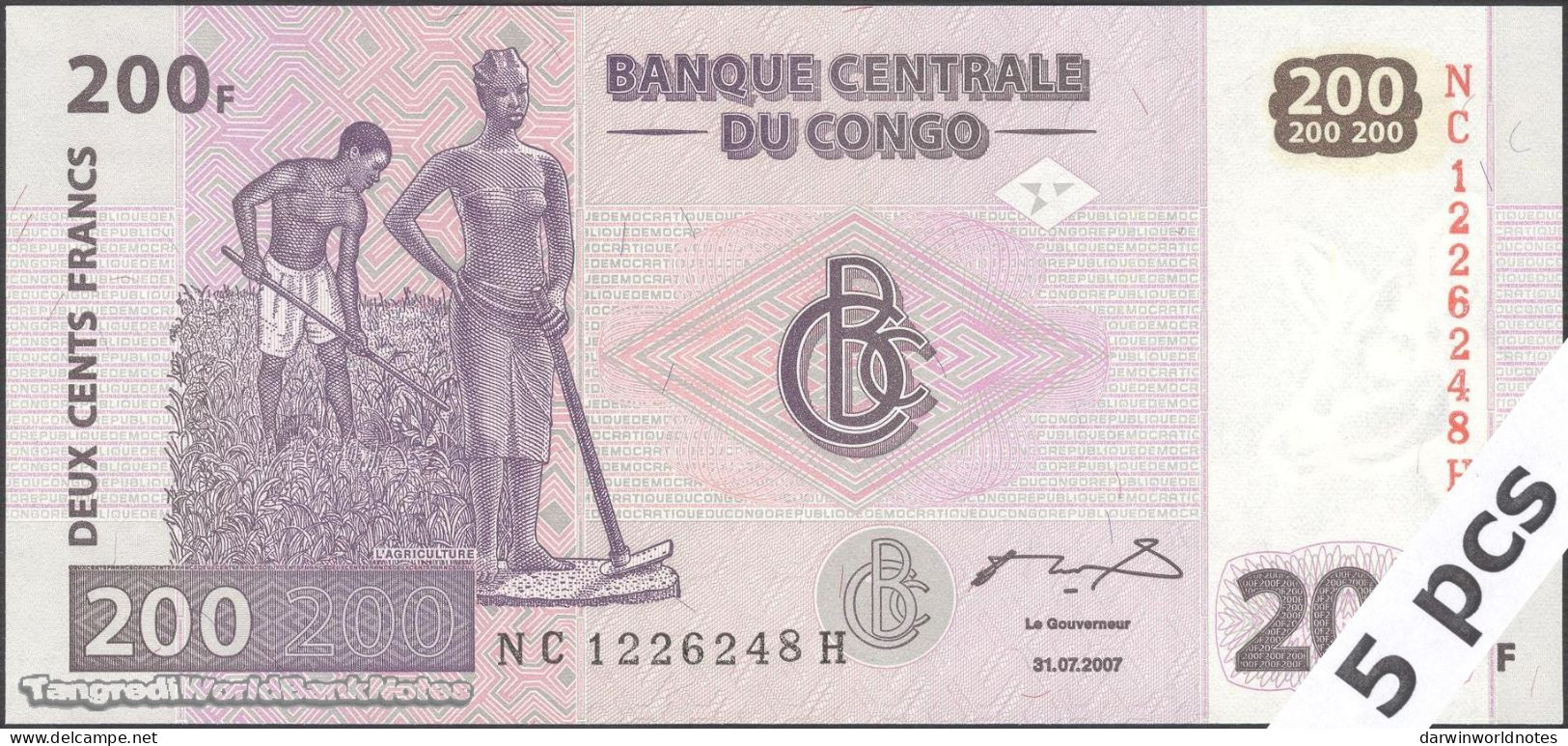 DWN - CONGO DEMOCRATIC REPUBLIC P.99A - 200 Francs 2007 UNC - Various Prefixes DEALERS LOT X 5 - Democratic Republic Of The Congo & Zaire