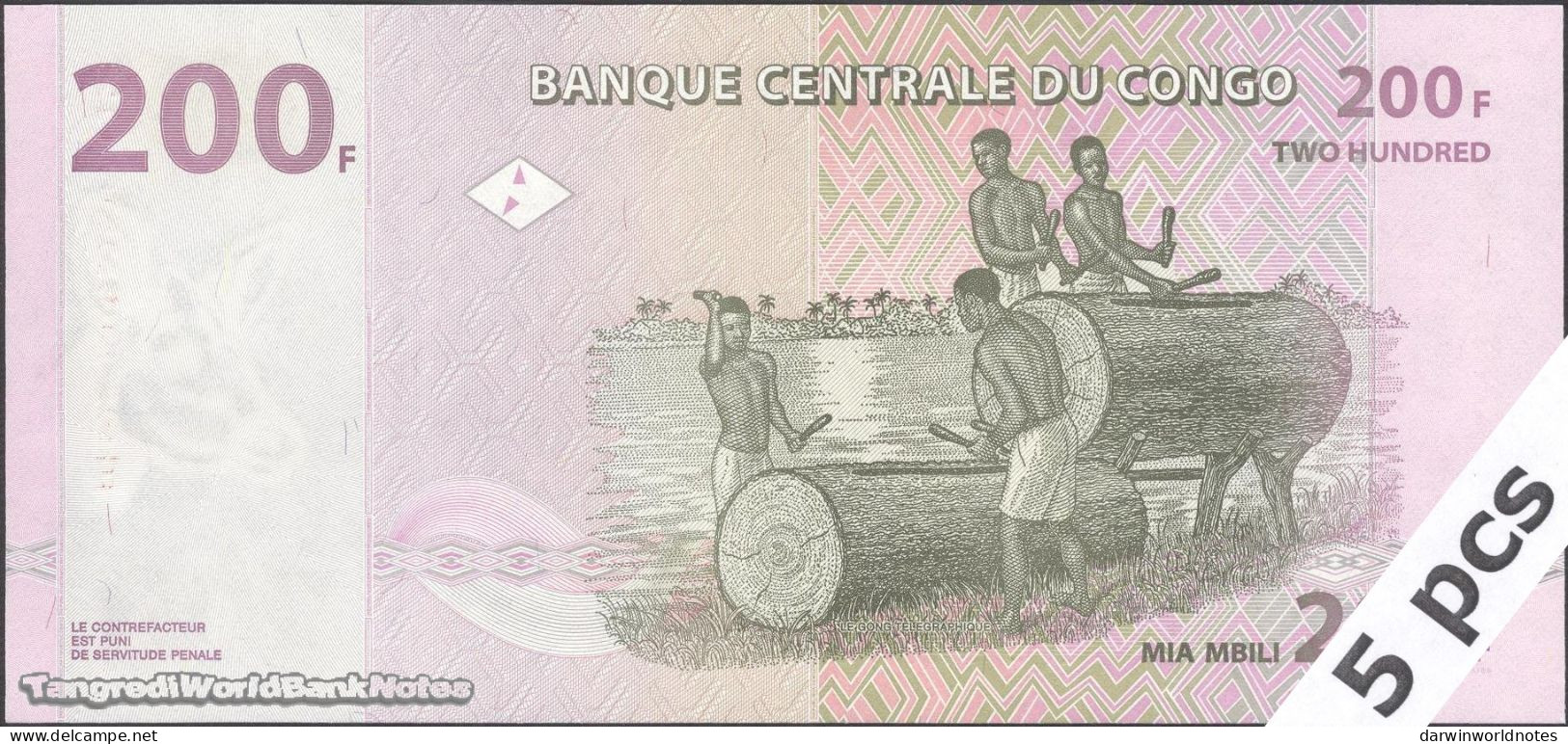 DWN - CONGO DEMOCRATIC REPUBLIC P.99A - 200 Francs 2007 UNC - Various Prefixes DEALERS LOT X 5 - República Democrática Del Congo & Zaire