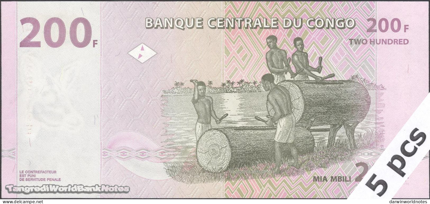DWN - CONGO DEMOCRATIC REPUBLIC P.99A - 200 Francs 2007 UNC - Various Prefixes DEALERS LOT X 5 - République Démocratique Du Congo & Zaïre