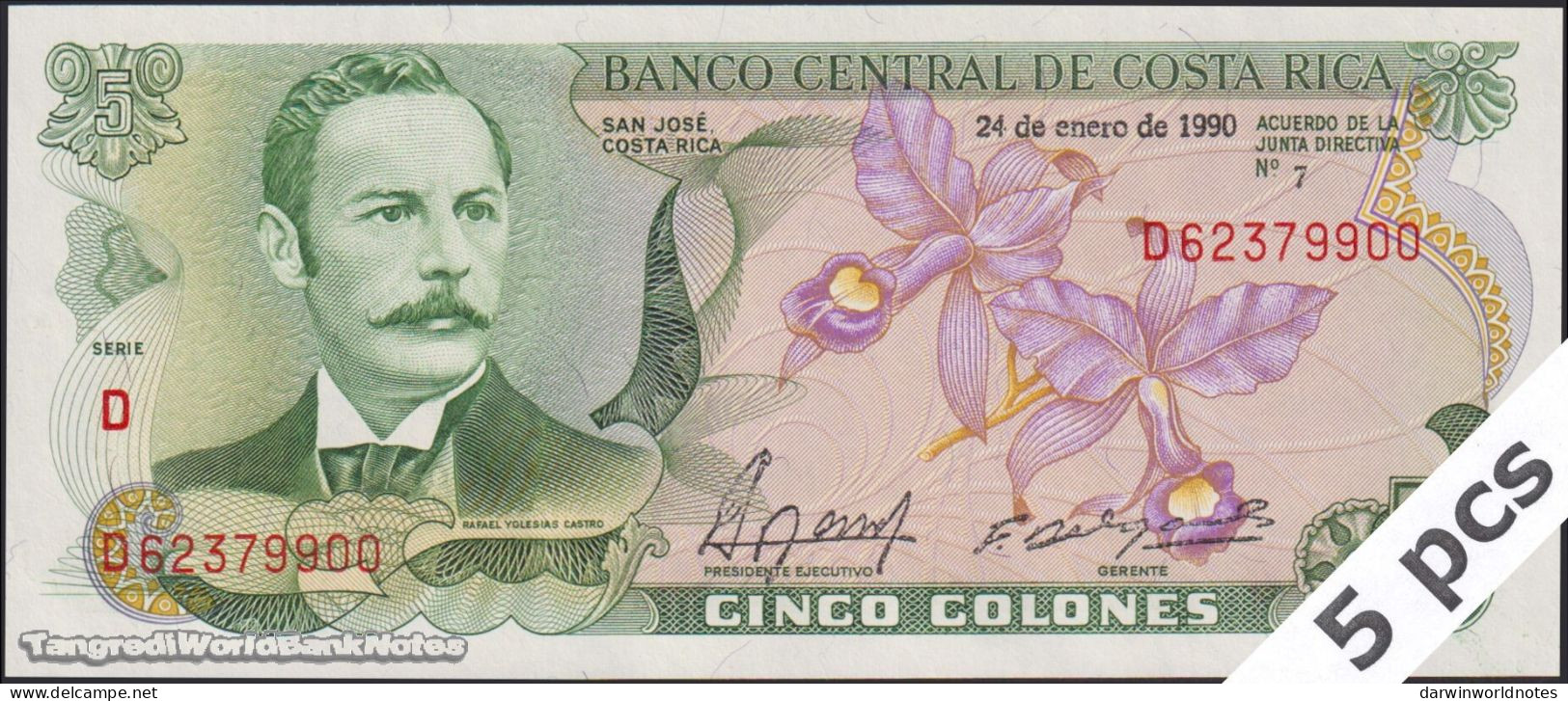 DWN - COSTA RICA P.236e1 - 5 Colones 1990 UNC TONED - Various Prefixes DEALERS LOT X 5 - Costa Rica