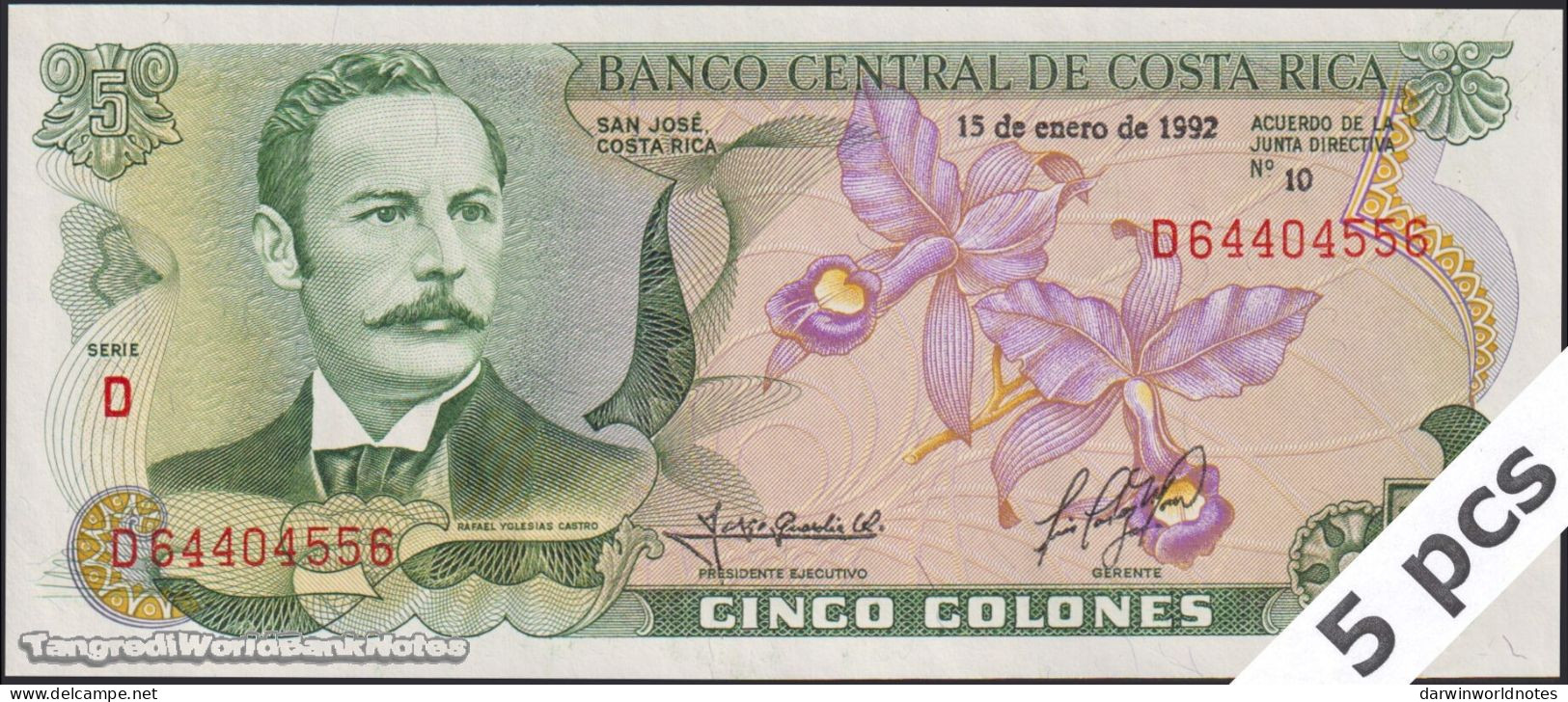 DWN - COSTA RICA P.236e3 - 5 Colones 1992 UNC TONED - Various Prefixes DEALERS LOT X 5 - Costa Rica