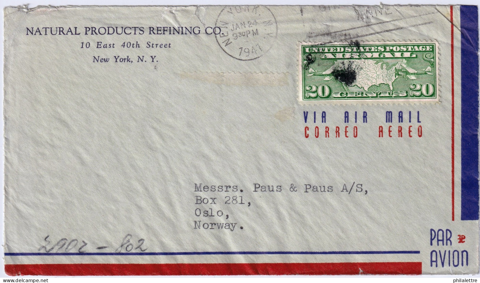 USA To NORWAY - 1941 - Sc.C9 20c Green On German Censored Air Mail Cover From New York City To Oslo - 2c. 1941-1960 Lettres