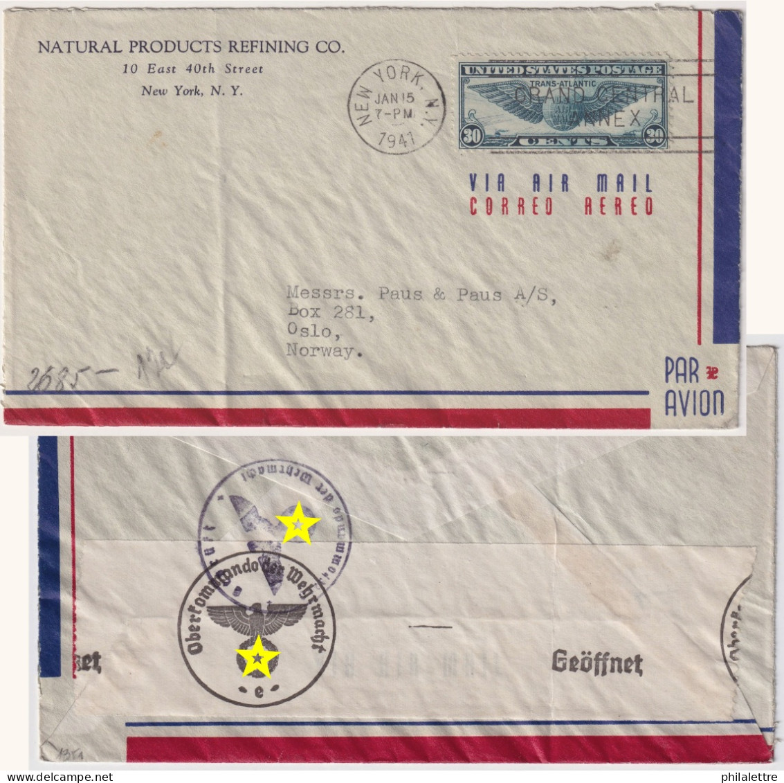 USA To NORWAY - 1941 - Sc.C24 30c Blue On German Censored Air Mail Cover From New York City To Oslo - Storia Postale