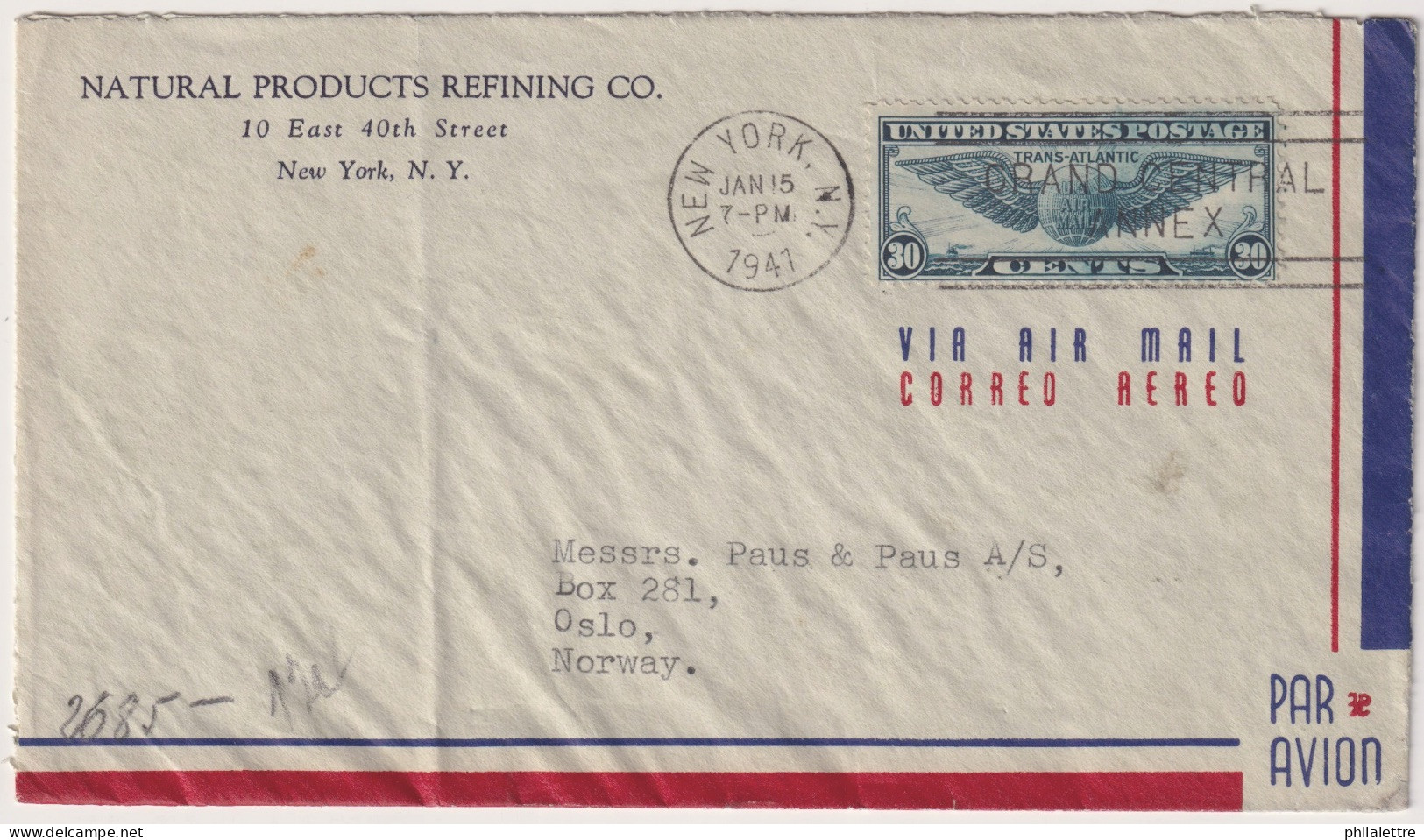 USA To NORWAY - 1941 - Sc.C24 30c Blue On German Censored Air Mail Cover From New York City To Oslo - Brieven En Documenten