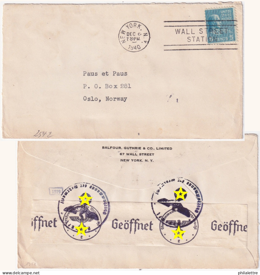 USA To NORWAY - 1940 - Sc.810 5c Blue On German Censored Surface Cover From New York City To Oslo - Covers & Documents