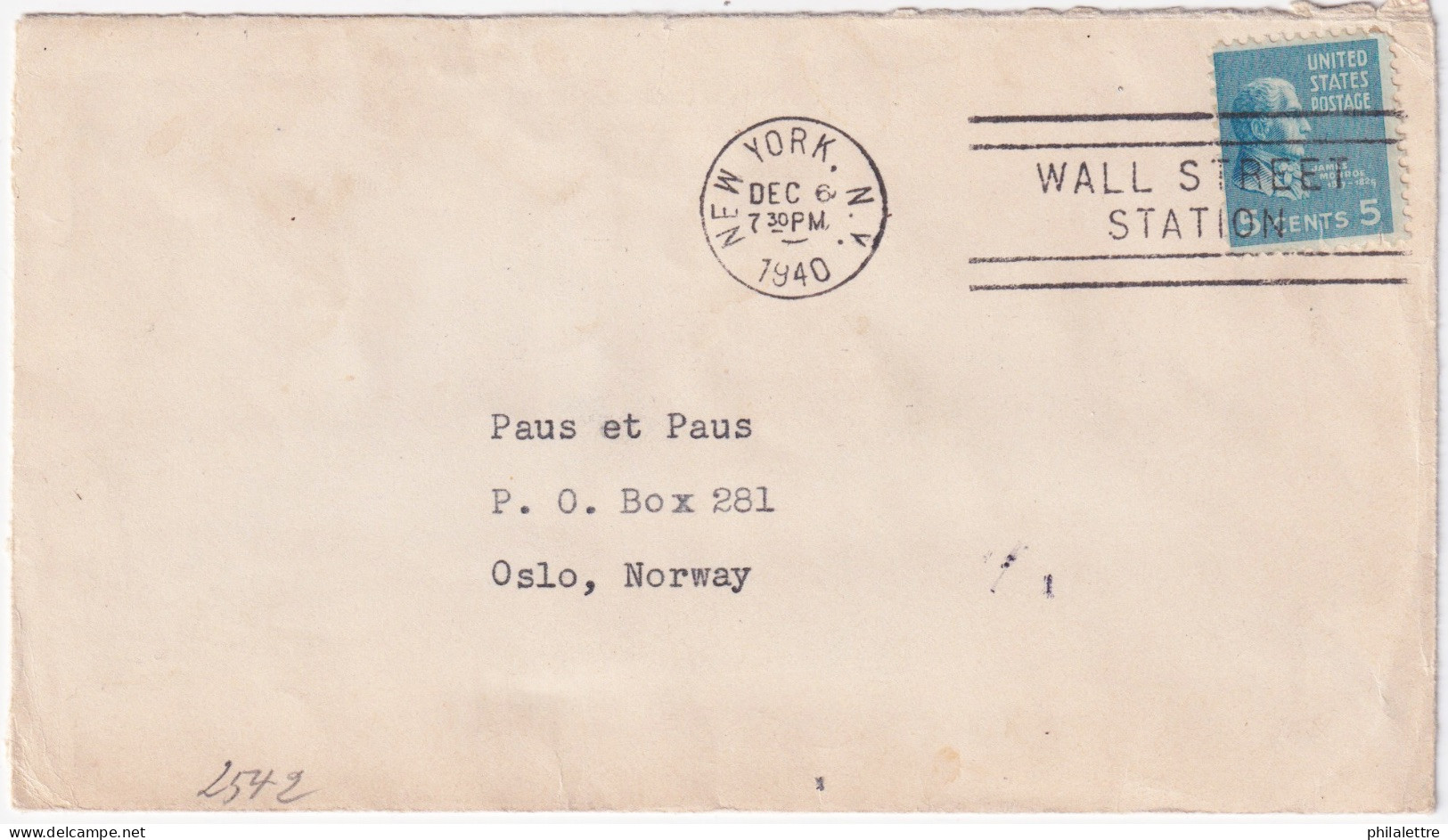 USA To NORWAY - 1940 - Sc.810 5c Blue On German Censored Surface Cover From New York City To Oslo - Covers & Documents